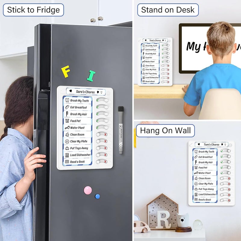 NAIQUBE لوحة مهام للأطفال قابلة للمسح الجاف أدوات ADHD لقائمة المهام لوحة المهام جدول الروتين للثلاجة مع 10 منزلقات وقلم مغناطيسي، أبيض وأزرق، عبوة من 2 - Image 5
